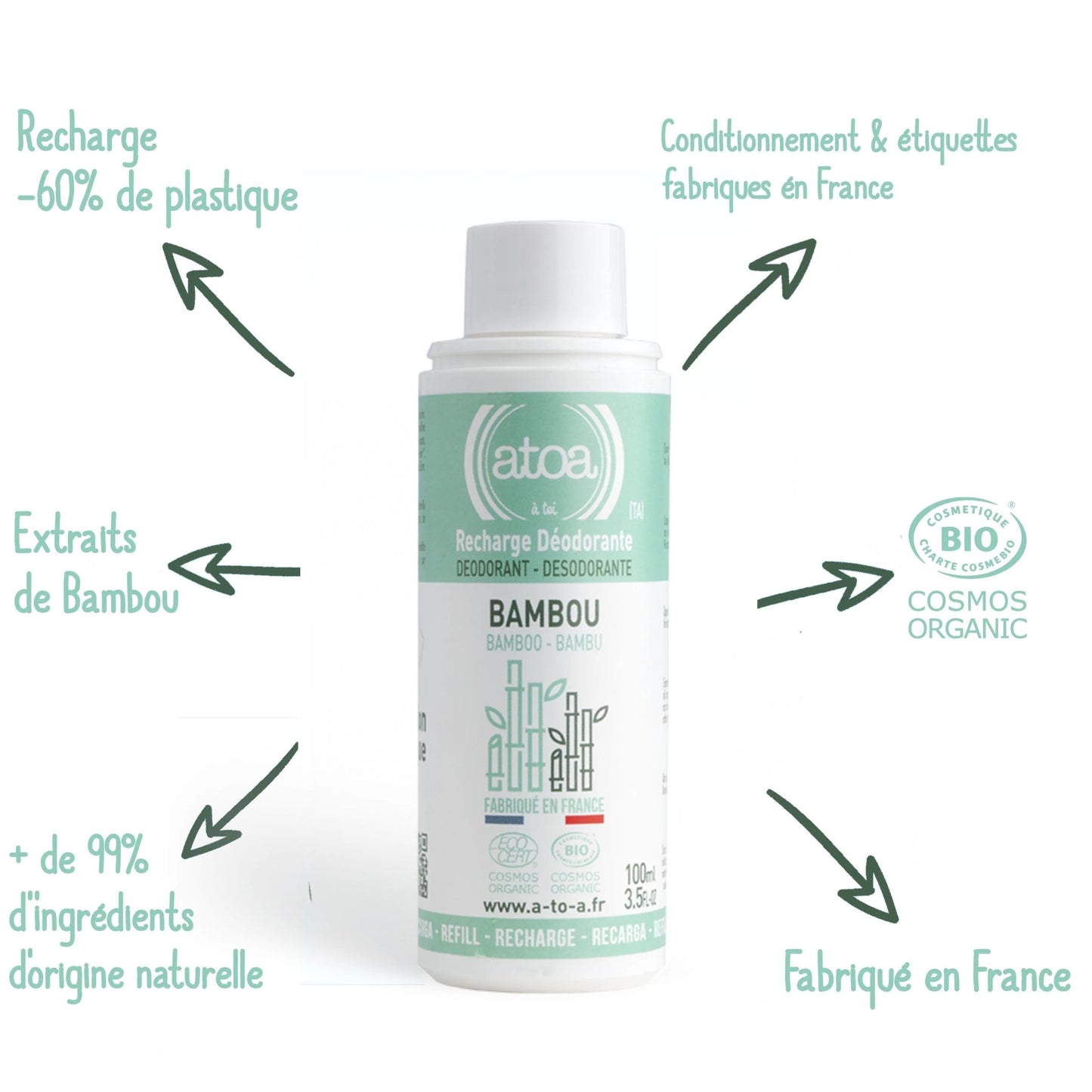 Recharge pour Roll on déodorant Bambou bio ATOA 100ml - Benedetti
