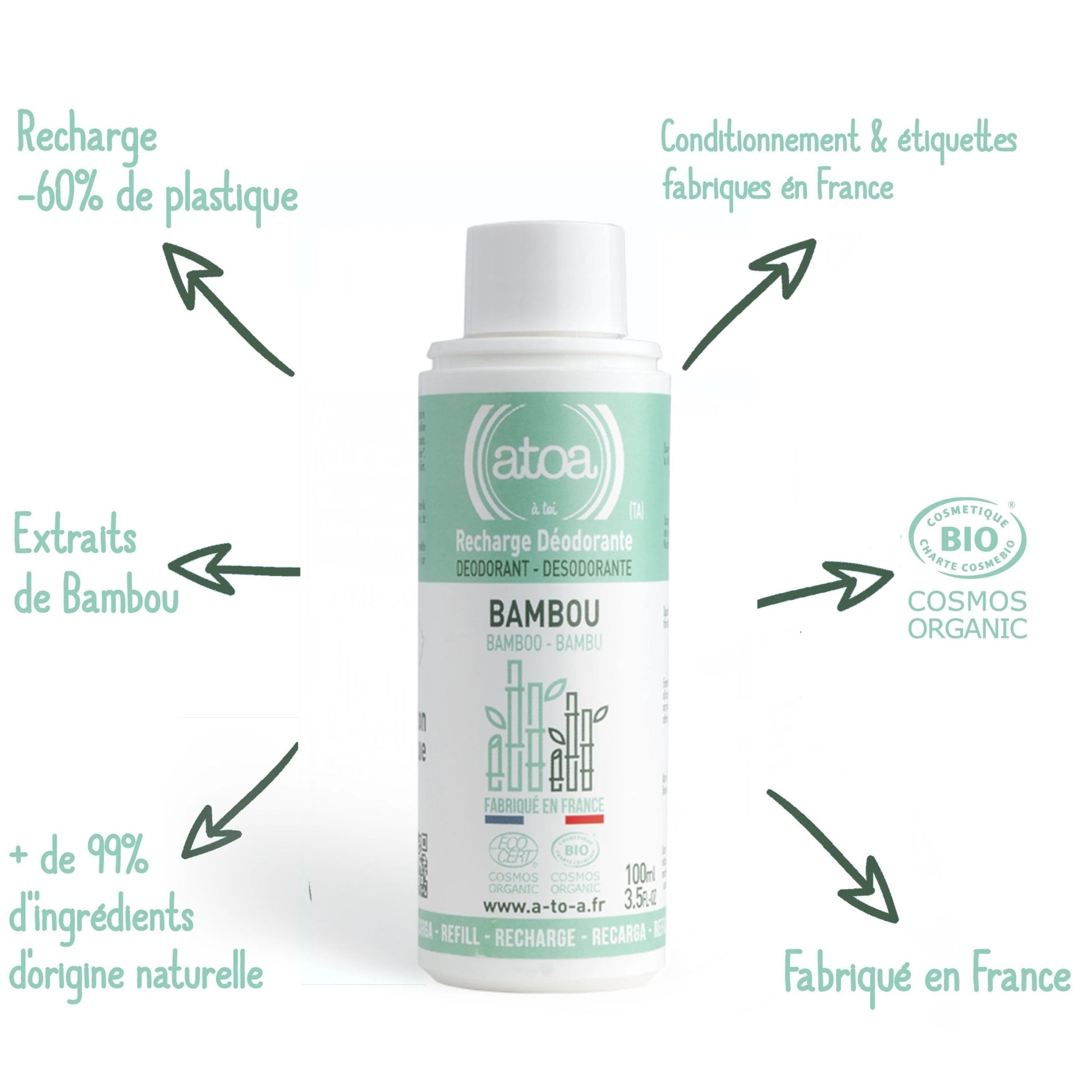 Recharge pour Roll on déodorant Bambou bio ATOA 100ml - Benedetti