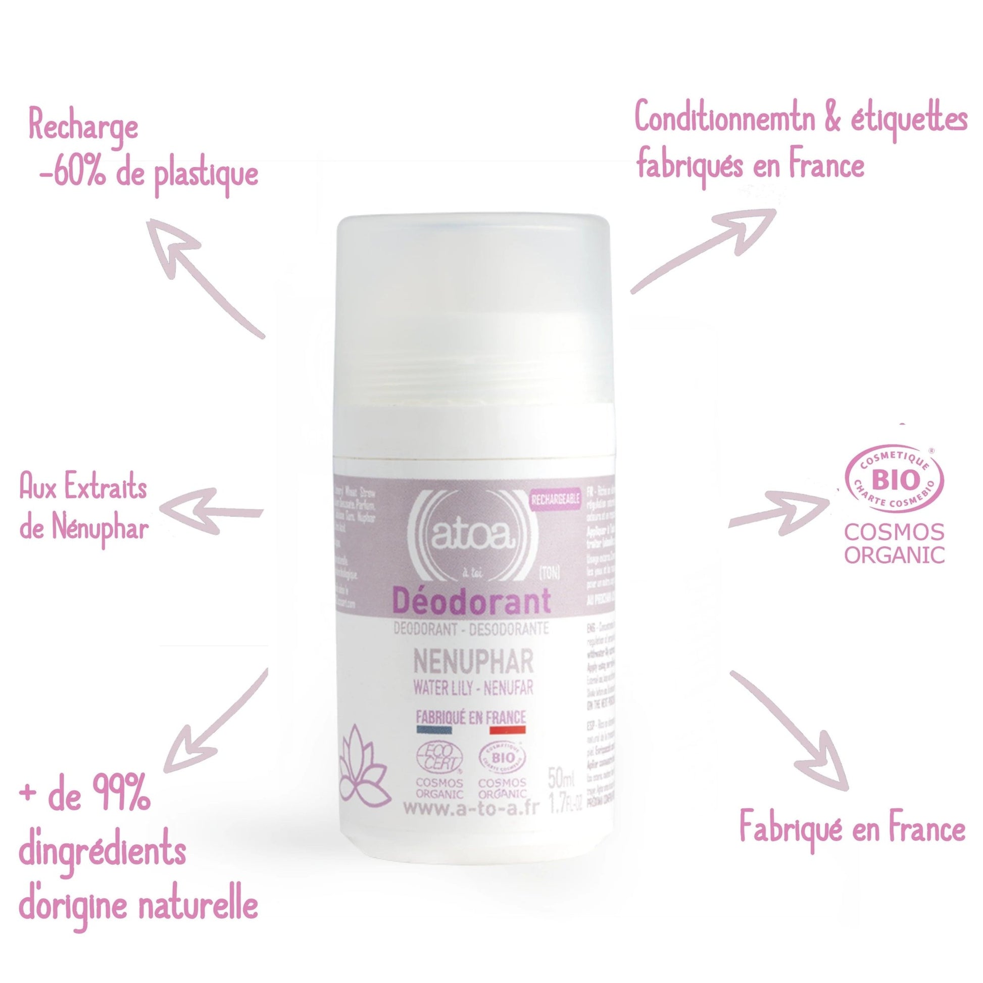 Roll on déodorant rechargeable Nenuphar bio ATOA 50ml - Benedetti