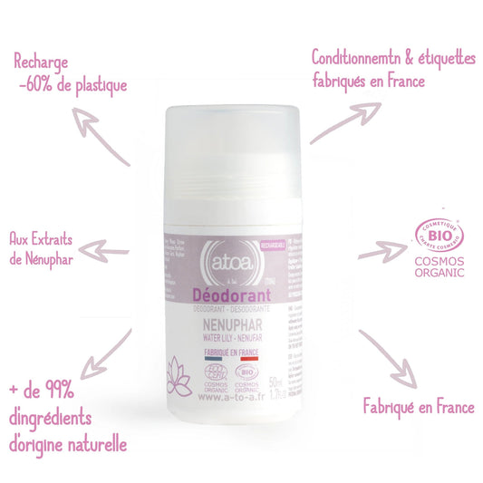 Roll on déodorant rechargeable Nenuphar bio ATOA 50ml - Benedetti